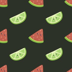 cute summer pattern for kids - watermelon and lime slices on dark background