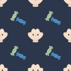 cute summer pattern for kids - candy and shell on dark background