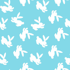 Fototapeta na wymiar Seamless pattern with white silhouette Easter rabbits on blue background. Design for card, postcard, wallpaper, fabric, textile. Vector stock illustration. Cartoon style