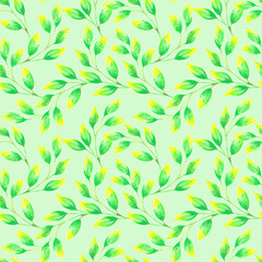 Seamless pattern with bright spring green leaves on a colored background. Floral pattern in pencil style. Botanical illustration for fabrics, dresses, interiors
