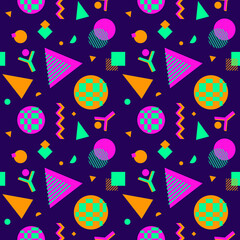 Naklejka premium 90s Nostalgia fashion vector seamlees pattern background. Cool color vintage style. Evoke 90s fashion arsthetic. Think bold, bright vibrant color abstract shape. Geometric element memphis illustration