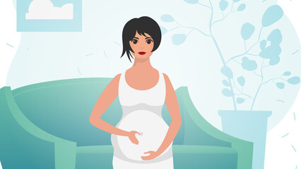 A pregnant woman is holding her stomach. Pregnancy and motherhood. Gentle colors. Vector.