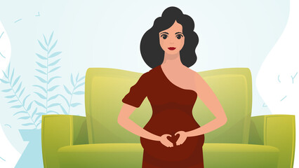 A pregnant woman is holding her stomach. Pregnancy and motherhood. Cartoon style.