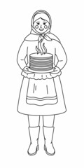 Maslenitsa or Shrovetide. Line art. Woman with pancakes and Russian tradition clothes. Great Russian holiday Maslenitsa. Vector outline illustration. Coloring page