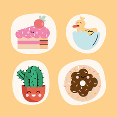 four cute kawaii characters