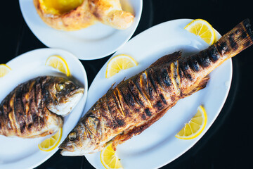 Delicious juicy fried fish on a white plate with a crispy fragrant crust and lemon - a hot dish