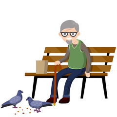 Man sits on bench and feeds pigeons. Element of Park and city. Cartoon flat illustration. Grandfather in pew. Senior with cane. Rest of pensioner. Poultry and bread crumbs