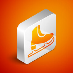 Isometric Skates icon isolated on orange background. Ice skate shoes icon. Sport boots with blades. Silver square button. Vector