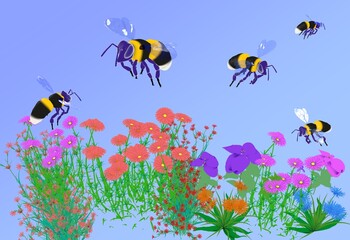 Fototapeta na wymiar 3d illustration of bees flying over flowers and plants. In flat style on sky blue background.