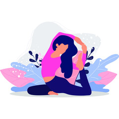 Young cartoon character woman doing pilates, fexible yoga exercises on a floral background. Healthy lifestyle. Selfcare for woman