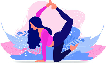 Cartoon character woman doing Yoga exercise. Calm of healthy young female breathing and meditation yoga. Gorgeous young woman practicing yoga.  Health care and lifestyle concept. Calmness and relax