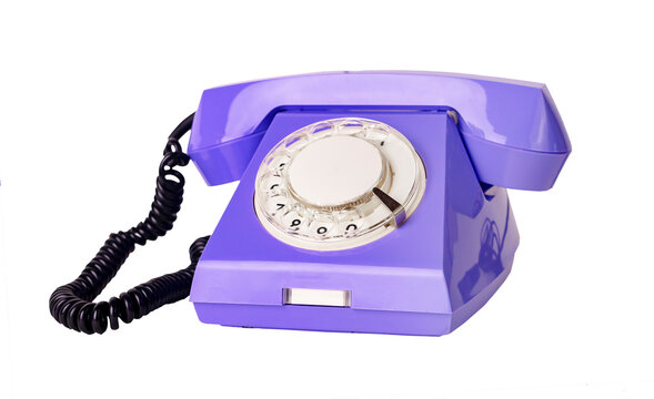 Violet retro rotary phone with cord isoalted on white background.