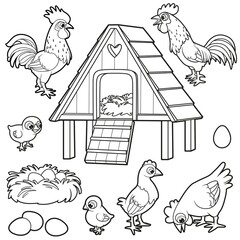 Big set of coop hens, roosters chicks eggs and nest outlined for coloring book on white background © Azuzl