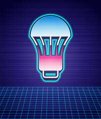 Fototapeta na wymiar Retro style LED light bulb icon isolated futuristic landscape background. Economical LED illuminated lightbulb. Save energy lamp. 80s fashion party. Vector