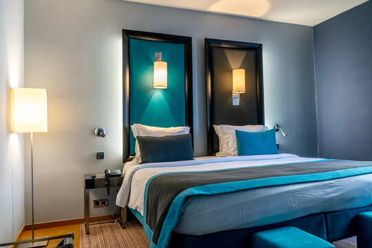 Paris, FRANCE - 11.11.2021 : Interior of a hotel room or bedroom in the Paris. High quality photo