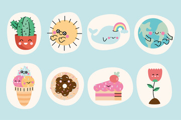 eight cute kawaii characters