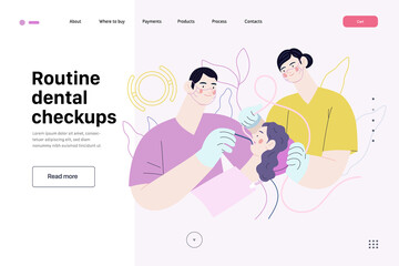 Routine dental checkups -medical insurance web template. Modern flat vector concept digital illustration of dental procedure -patient, dentist checking teeth and nurse, the dental office or laboratory