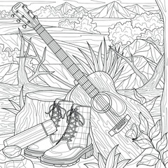 Guitar and boots in nature.Musical instrument.Coloring book antistress for children and adults. Illustration isolated on white background.Zen-tangle style. Hand draw