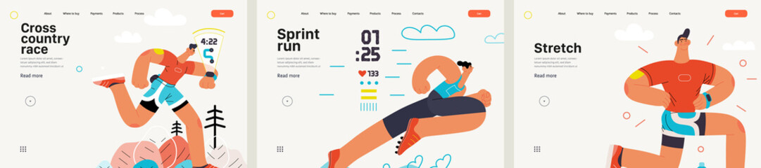 Runners website templates set. Flat vector concept illustrations of athletes running in a park, forest, stadium track or street landscape. Healthy activity and lifestyle. Sprint, jogging, warming up.