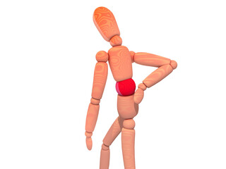 3d illustration of wooden mannequin with lumbar pain. Cropped image on white background.
