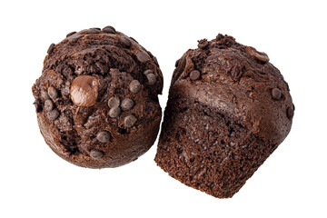 two chocolate cupcakes on white background top view