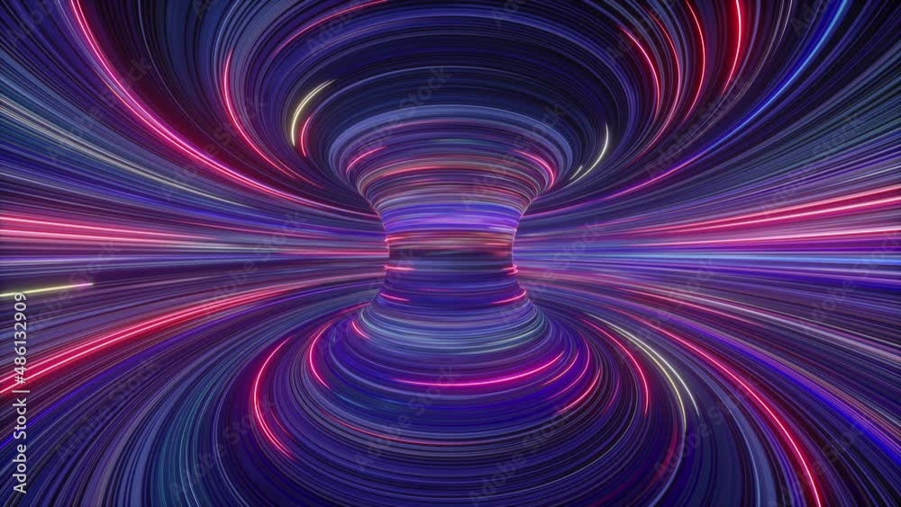 Wall mural loop 3d animation, abstract background with fluorescent lines glowing in ultraviolet light and spinn