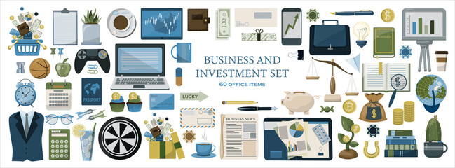Financial investment icons. Vector flat office icons. A big cartoon set of images for business. Modern set for the bank