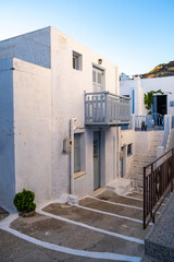 Fototapeta na wymiar Greece, Milos island, Chora town, Plaka. Building stair in Melos Cyclades architecture.
