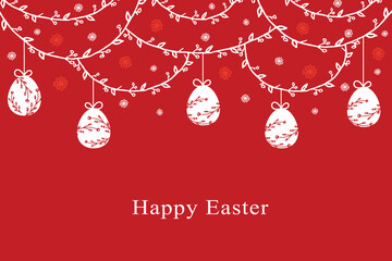 Easter hanging eggs decorations on red background. Happy Easter greetings.