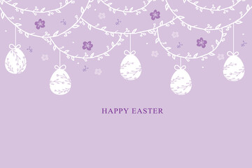 Easter background with hanging eggs decoration.