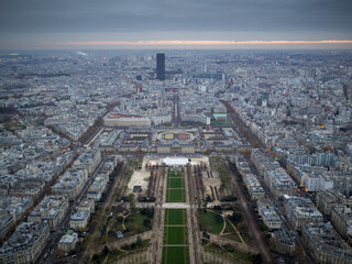 Champ de Mars seen from Eiffel tower top at night fall