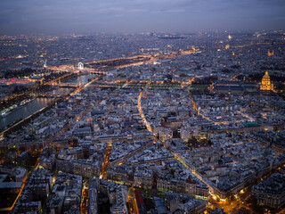Les Invalides and Seine river view at night fall from Eiffel tower top