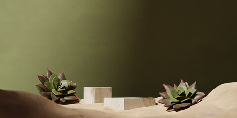 3D podium display, green background. Nature cosmetic, beauty product promotion. Beige wood stone step pedestal in the sand, exotic succulent plant leaf shadow. Copy space 3D banner render illustration