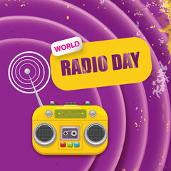 Obraz premium World radio day concept vector illustration with vintage old orange cassette stereo player isolated on grunge violet background. Radio day banner or poster