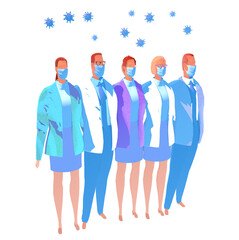 Illustration of doctors and health personnel with viruses in the air, hospital and medical center. Health. 3d imitating style of flat colors and watercolor painting, on white background.