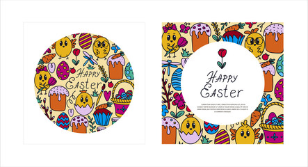 Easter traditional doodle banners - eggs, chickens, basket, Christian vector set decorating. Vector hand drawings ilustration isolated Background cards