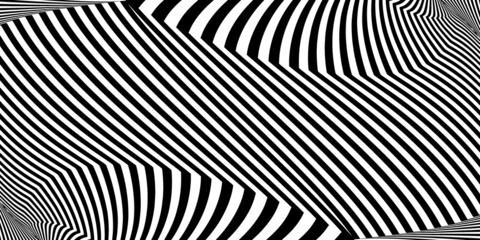 Abstract black and white striped background. Geometric pattern with visual distortion effect. Optical illusion. Op art.