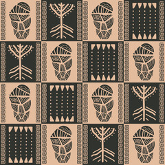 Ethnical seamless pattern. Vector texture with tribal elements and ancient facemask. Ornamental background for fabric design and poster print.