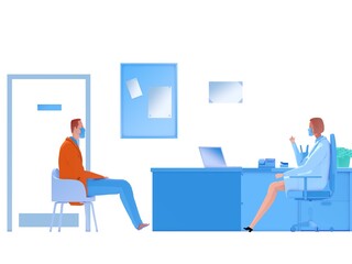 Illustration of a doctor in his office attending to a patient, hospital and medical center. Side view, 3d imitating flat colors style, on white background.