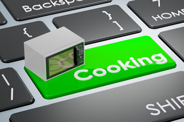 Fototapeta premium Microwave oven on keyboard. Cooking green key. 3D rendering
