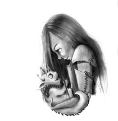 black and white Illustration of a girl and a dragon
