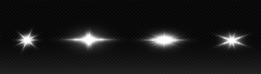 Shining light effects isolated on transparent background, glare, lines, white light particles. Set of vector stars.