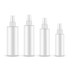 Plastic Spray Bottle Mockup With Transparent Cap, Various Sizes. Vector Illustration