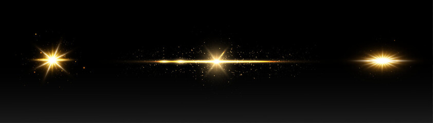 Shining light effects isolated on dark background, glare, lines, golden light particles. Set of vector stars.
