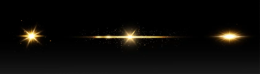 Poster Shining light effects isolated on dark background, glare, lines, golden light particles. Set of vector stars. © Valeriia