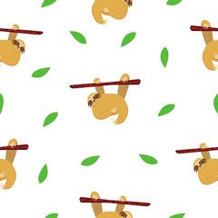 Seamless pattern of sloths hanging on tree branch and green leaves. White background. Cartoon character. Cute and funny. Summer and spring. For wallpaper, textile, scrapbooking and wrapping paper