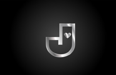 metal J love heart alphabet letter icon logo design. Creative template for business or company