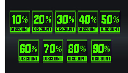 Discount numbers 10% to 90% black and green collor.