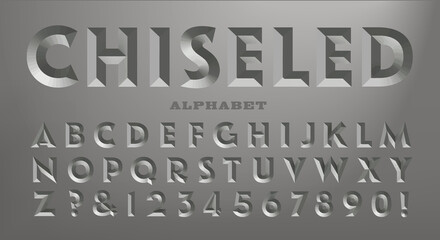 A bold sans serif alphabet with the 3d visual effect of being chiseled in stone. Good for gravestone or mausoleum lettering. - obrazy, fototapety, plakaty