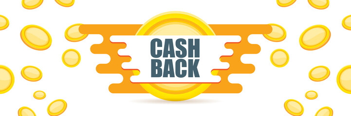 vector cash back horizontal banner design template with cash back icon and coins isolated on white background. cashback or money refund label horizontal banner